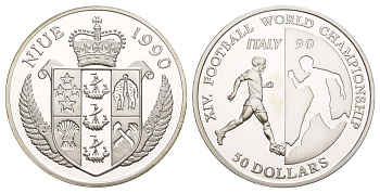 Ниуэ 50 долларов 1990 Чемпионат мира по футболу 1990, Футболист и зеркальный силуэт KM 75 серебро PROOF 11-080-25