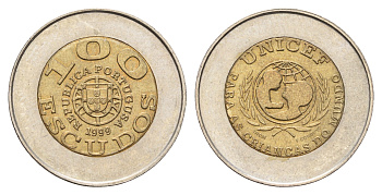 Португалия 100 эскудо 1999 UNICEF, ошибка Portugusa KM 722.2 биметалл UNC 4577-1234