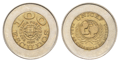 Португалия 100 эскудо 1999 UNICEF, ошибка Portugusa KM 722.2 биметалл UNC 4577-1234