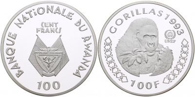 Руанда 100 франков 1993 горилла KM 21 серебро PROOF 1068-2-52