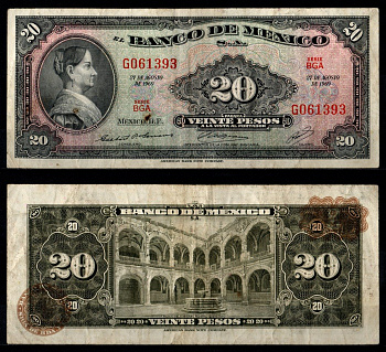 Мексика 20 песо 1969 Pick 54 n бумага 7198-9-2-1