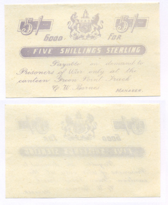 Южная Африка 5 шиллингов стерлингов 1899-1902 оплачивается при предъявлении в столовой лагеря военнопленных Green Point Track, Англо-Бурская война (1899-1902), сиреневая печать   бумага  UNC (пресс) 451-672-1