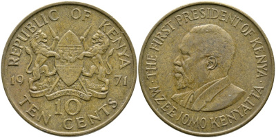 Кения 10 центов 1971 Джомо Кениата KM 11 никель латунь 4526-1126