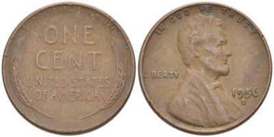 США 1 ЦЕНТ 1956 D, ЛИНКОЛЬН KM А132 медь цинк 3309-1157