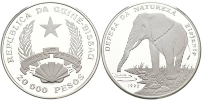 Гвинея-Бисау 20000 песо 1993 Африканский слон KM 33 серебро PROOF 00-00-00
