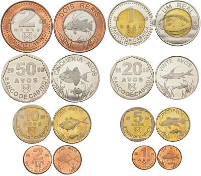 Кабинда, Ангола набор из 8 монет (1, 2, 5, 10, 20 и 50 авос, 1 и 2 рейс) 2009 рыбы X 25, 26, 27, 28, 29, 30, 31 и 32 сталь плакированная никелем, сталь плакированная латунью, латунь, никель, биметалл PROOF M79-10