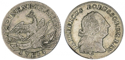 Пруссия 1/2 талера 1764 E, Кенигсберг, Фридрих II (1740-1786) KM 304, Kluge 139, Old. 112 серебро 00-817-21