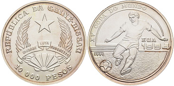 Гвинея-Биссау 10000 песо 1991 чемпионат мира по футболу в США 1994 года KM 29 серебро BUNC 00-00