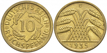 ГЕРМАНИЯ 10 РЕЙХСПФЕННИГОВ 1935 G, KM 40, J. 317 алюминиевая бронза UNC 73-315