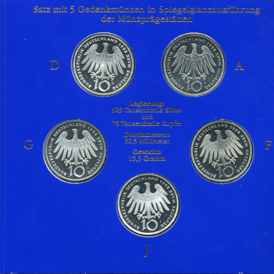 ФРГ набор из 5 штук по 10 марок 1998 A, D, F, G, J, 900 лет со дня рождения Хильдегарда Бингенская KM 193 серебро PROOF 6-5-2-2