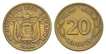 Эквадор 20 сентаво 1944 KM 77.1a латунь 4640-1222