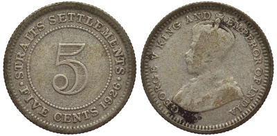 Стрейтс-Сетлментс 5 центов 1926 Георг V (1910-1936) КМ 36 серебро 53-529