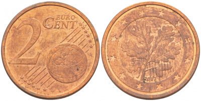 ФРГ 2 евроцента 2002 J KM 208 сталь плакированная медью 179-652