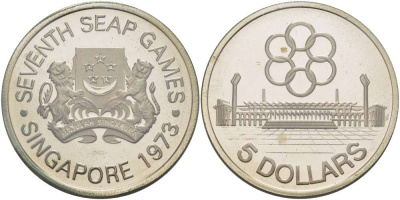 Сингапур 5 долларов 1973 седьмые игры Юго-Восточной Азии, тираж 5000 экземпляров, в оригинальной коробке, запайка KM 10 серебро PROOF 00-00