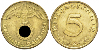 ГЕРМАНИЯ 5 РЕЙХСПФЕННИГОВ 1938 E, КМ 91, J.363 алюминиевая бронза UNC 73-669
