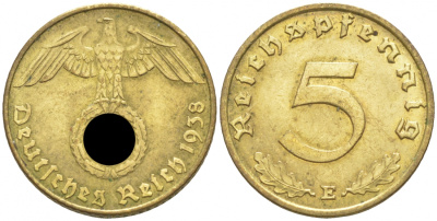 ГЕРМАНИЯ 5 РЕЙХСПФЕННИГОВ 1938 E, КМ 91, J.363 алюминиевая бронза UNC 73-669