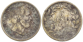 Нидерланды 5 центов 1862 Виллем III (1849-1890), С ТОЧКОЙ ПОСЛЕ ДАТЫ KM 91 серебро 4532-1149