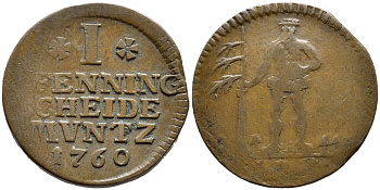 БРАУНШВЕЙГ-ЛЮНЕБУРГ-КАЛЛЕНБЕРГ-ГАННОВЕР 1 ПФЕННИГ 1760 IBH KM 215.2 медь 177-568
