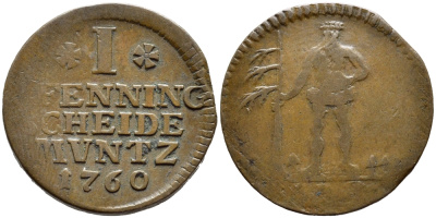 БРАУНШВЕЙГ-ЛЮНЕБУРГ-КАЛЛЕНБЕРГ-ГАННОВЕР 1 ПФЕННИГ 1760 IBH KM 215.2 медь 177-568