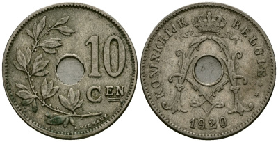 Бельгия 10 сантимов 1920 Belgie KM 86 медно-никель 4172-612