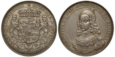 Латвия медаль 1643 Увенчанный поясной портрет Кристины. 40,12 мм; 22,61 г. Хильдебранд I, стр. 262, 14 a. RR серебро 10-002-63