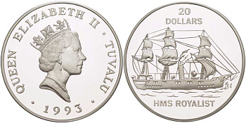 Тувалу 20 долларов 1993 HMS ROYALIST, парусник, корвет KM 18 серебро PROOF 1085-6-21