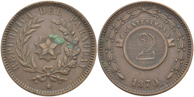 ПАРАГВАЙ 2 СЕНТЕСИМО 1870 KM 3 медь 1517-722