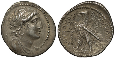 ГОСУДАРСТВО СЕЛЕВКИДОВ ТЕТРАДРАХМА 136-135 гг. до н.э. АНТИОХ VII ЭВЕРГЕТ, ГОЛОВА ЦАРЯ В ДИАДЕМЕ / СЕЛЕВКИДСКИЙ ОРЕЛ С ПАЛЬМОВОЙ ВЕТВЬЮ ПОД КРЫЛОМ, СЛЕВА ПАЛИЦА, ГРЕЧЕСКАЯ ЛЕГЕНДА "ЦАРЯ АНТИОХА" , 177-Й ГОД СЕЛЕВКИДСКОЙ ЭРЫ, ГОРОД ТИР, 13,87 гр, EXTREMELY