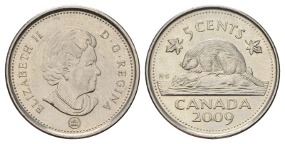 Канада 5 центов 2009 Leaf, Елизавета II (1952-2022), бобр KM 491 сталь плакированная никелем 4689-519