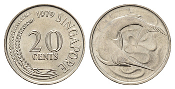Сингапур 20 центов 1979 голубой марлин, тунец KM 4 медно-никель UNC 3999-112