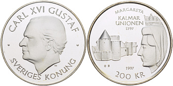 Швеция 200 крон 1997 Карл XVI Густав (1973- ), 600 лет Кальмарской уния, королева Маргарита Датская, в оригинальной пластиковой упаковке KM 890 серебро BUNC 1082-10-41