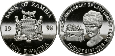 Замбия 1000 квача 1998 годовщина гибели леди Дианы, 31 августа 1998 KM 180 медно-никель PROOF 11-231-23