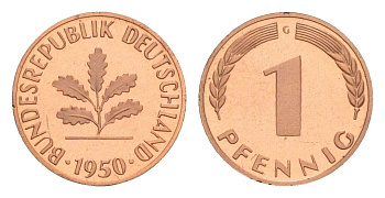 ФРГ 1 пфенниг 1950 G, тираж 9.000 экземпляров KM 105, J. 380 сталь плакированная медью PROOF 11-132-43