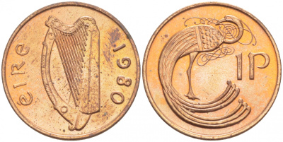ИРЛАНДИЯ 1 ПЕННИ 1980 ПТИЧКА KM 20 бронза UNC 4392-1368