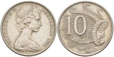 Австралия 10 центов 1966 Елизавета II (1952-), птица лирахвост KM 65 медно-никель 4521-212