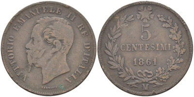 ИТАЛИЯ 5 ЧЕНТЕЗИМО 1861 М, МОНДВОР МИЛАН, ВИКТОР ЭММАНУИЛ II (1861-1878) KM 3.2 медь 4182-1257