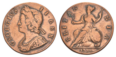 Великобритания 1/2 пенни 1730 Георг II (1727-1760) KM 566, Spink 3717 медь 3711-635