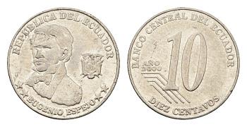 Эквадор 10 сентаво 2000 год-тип KM 106 нержавеющая сталь 4664-426