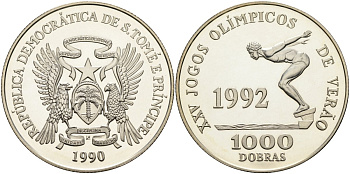 Сан-Томе и Принсипи 1000 добра 1990 XXV олимпийские игры 1992 года в Барселоне, плаванье, тираж 10000 экз. KM 74 серебро PROOF 00-00