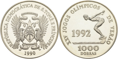 Сан-Томе и Принсипи 1000 добра 1990 XXV олимпийские игры 1992 года в Барселоне, плаванье, тираж 10000 экз. KM 74 серебро PROOF 00-00