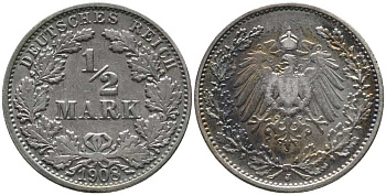 ГЕРМАНИЯ 1/2 МАРКИ 1908 J KM 17, J. 16, Weege 16 серебро 1515-1731