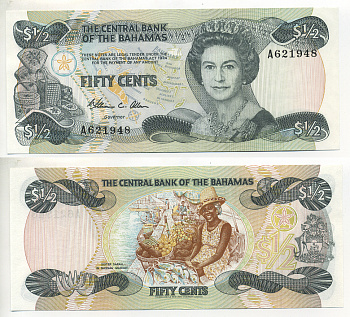 Багамские острова 1/2 доллара 1984 Елизавета II (1952-2022), TDLR Pick 42a бумага UNC (пресс) 7218-6-2-1