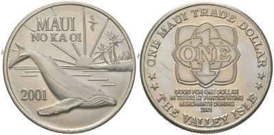 Остров Мауи (Гавайские острова) 1 доллар 2001 торговый доллар, Дельфины медно-никель UNC 4558-812