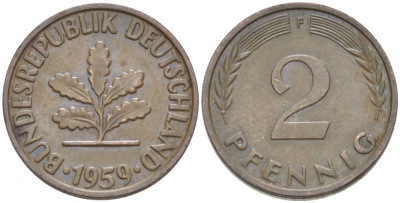 ФРГ 2 ПФЕННИГА 1959 F KM 106, J. 381 бронза 3955-625