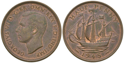 Великобритания 1/2 пенни 1945 Георг VI (1936-1952) KM 844, Spink 4115 бронза aUNC 4163-1126