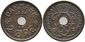 ДАНИЯ 2 ЭРЕ 1932 N; GJ, КРИСТИАН X (1912-1947) KM 827.2 бронза 28-1027