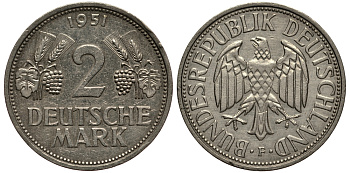 ФРГ 2 марки 1951 F J 386, KM 111 медно-никель плакированный никелем 413-2421