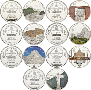 Монголия набор из 7 монет по 500 тугриков 2008 семь чудес света, цветная эмаль, тираж 2500 экземпляров, в оригинальной коробке, с сертификатом серебро PROOF 00-000-00