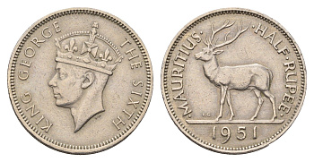 Маврикий 1/2 рупии 1951 Георг VI (1936-1952) KM 28 медно-никель 24-933