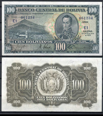 Боливия 100 боливиано 1928 серия E1, Симон Боливар Pick 133 (8)  бумага   451-351-3
